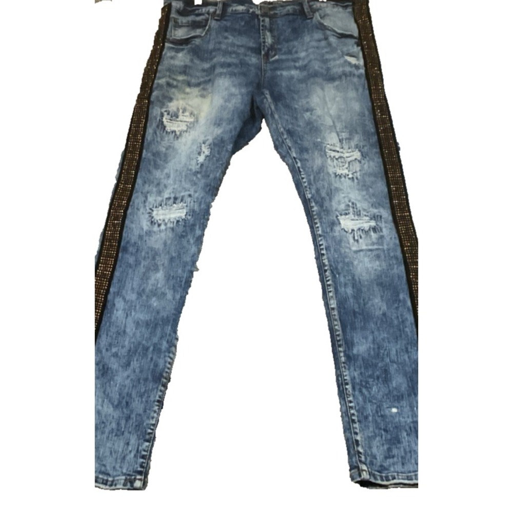 DECIBEL Tapered Rhinestone Stripe Biker Moto Jeans 35x29 Measured